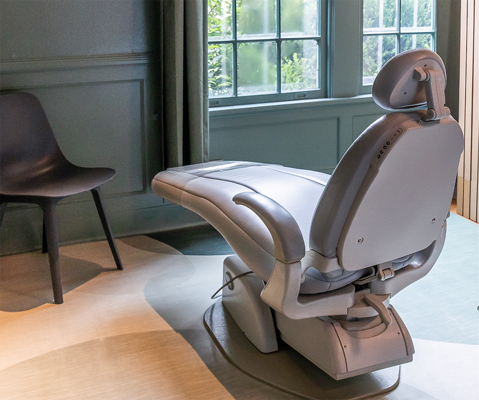 Dental exam chair seen from behind