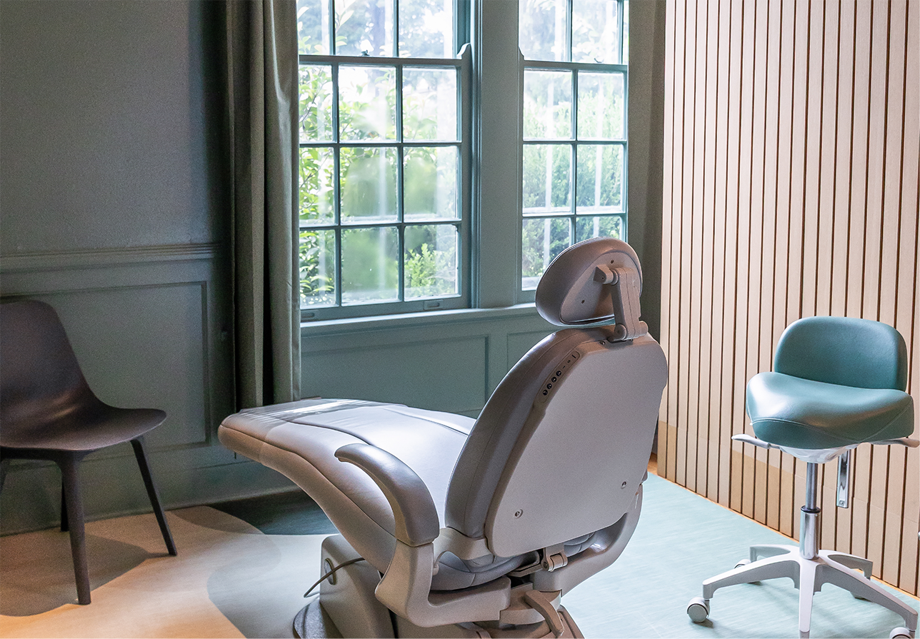 Dental exam chair viewed from behind