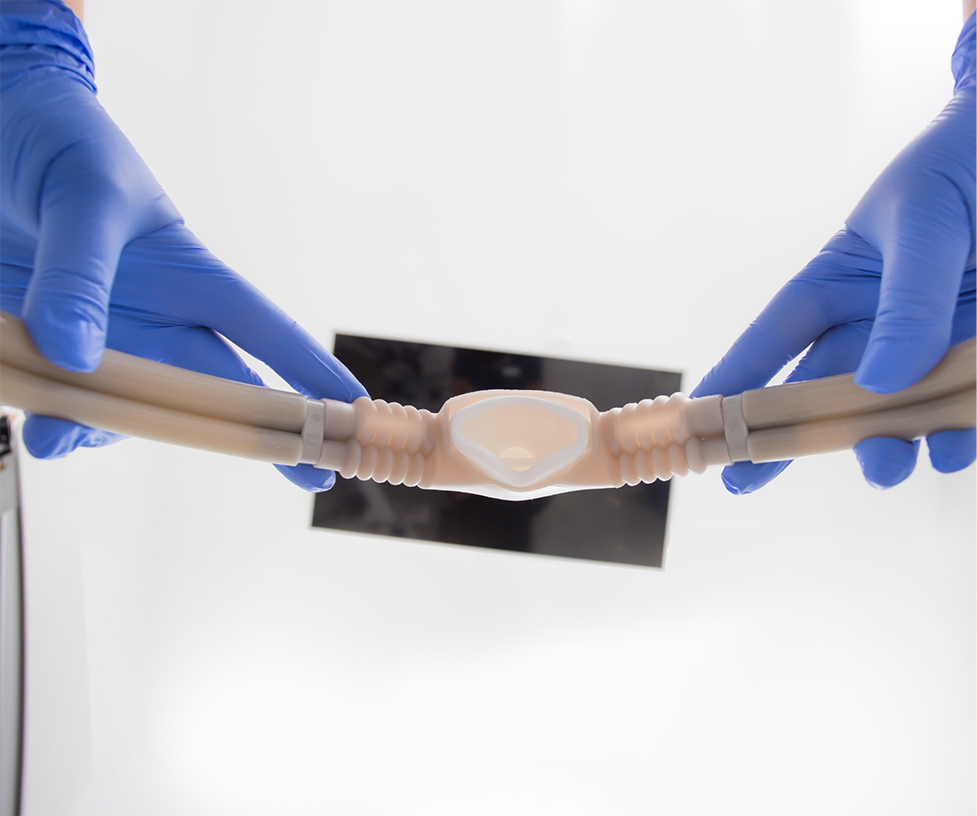 Dentist holding a nitrous oxide mask above the camera